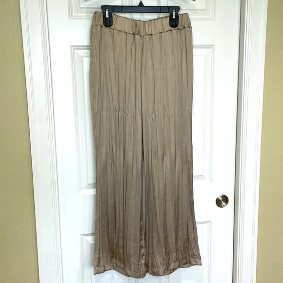 Zara Satin Pants Large Taupe Wide Leg Elastic Waist Lightweight Wrinkle Effect - Picture 7 of 16